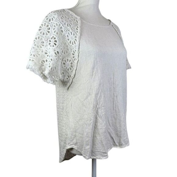 Umgee Linen Blend Short Sleeve Top Oatmeal Crochet Fringe Detail Size Medium - Picture 1 of 10